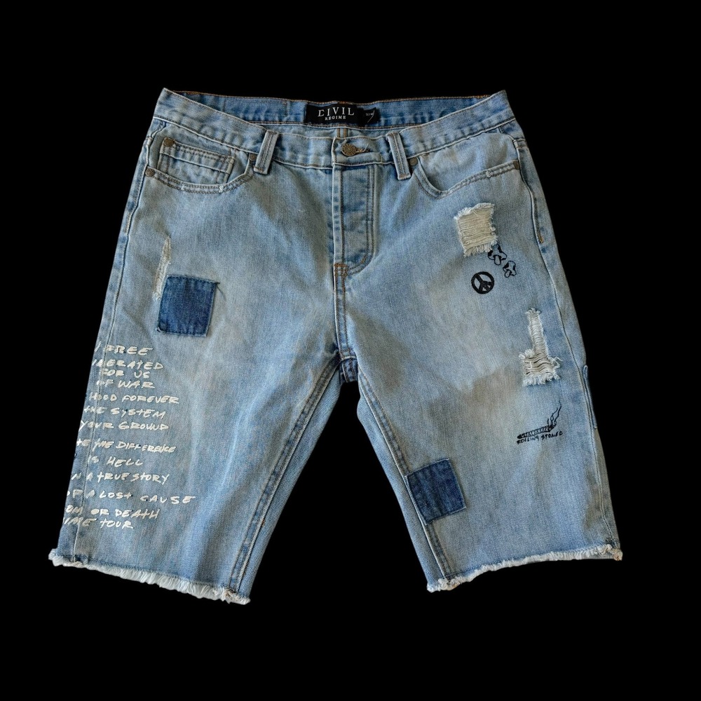 Civil Regime Distressed Graphic Denim Shorts Light Wash Size 32 Streetwear